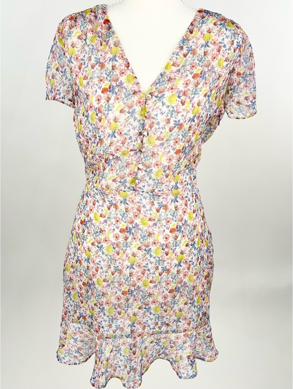 Mango Floral Mini Dress Size 4 Cottagecore Button Front Ruffle Hem